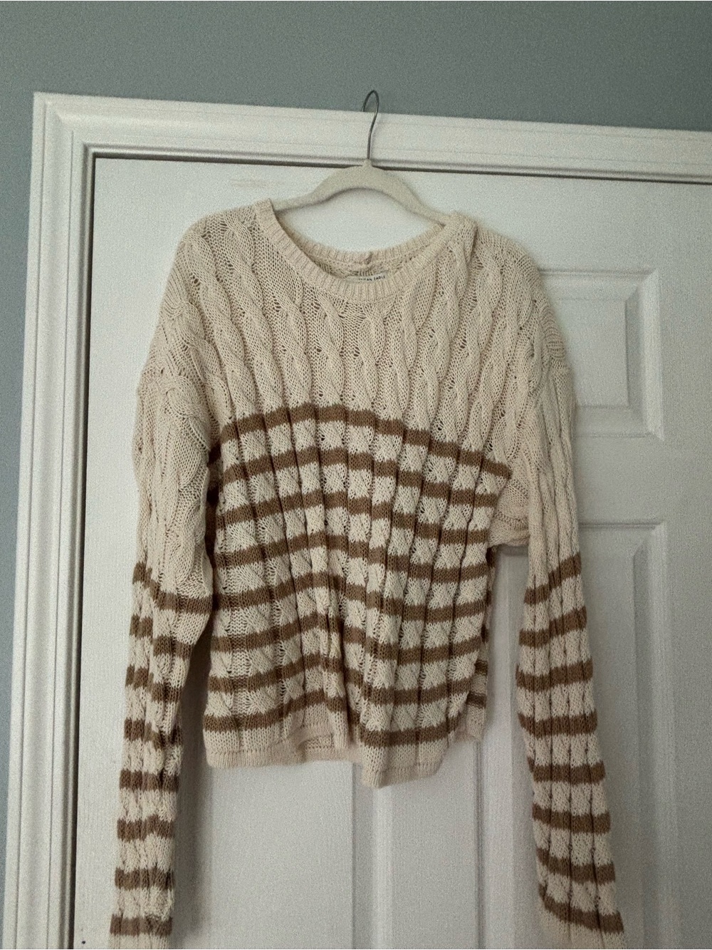 American Eagle Outfitters Cream & Brown Striped Cable Knit Crew Sweater